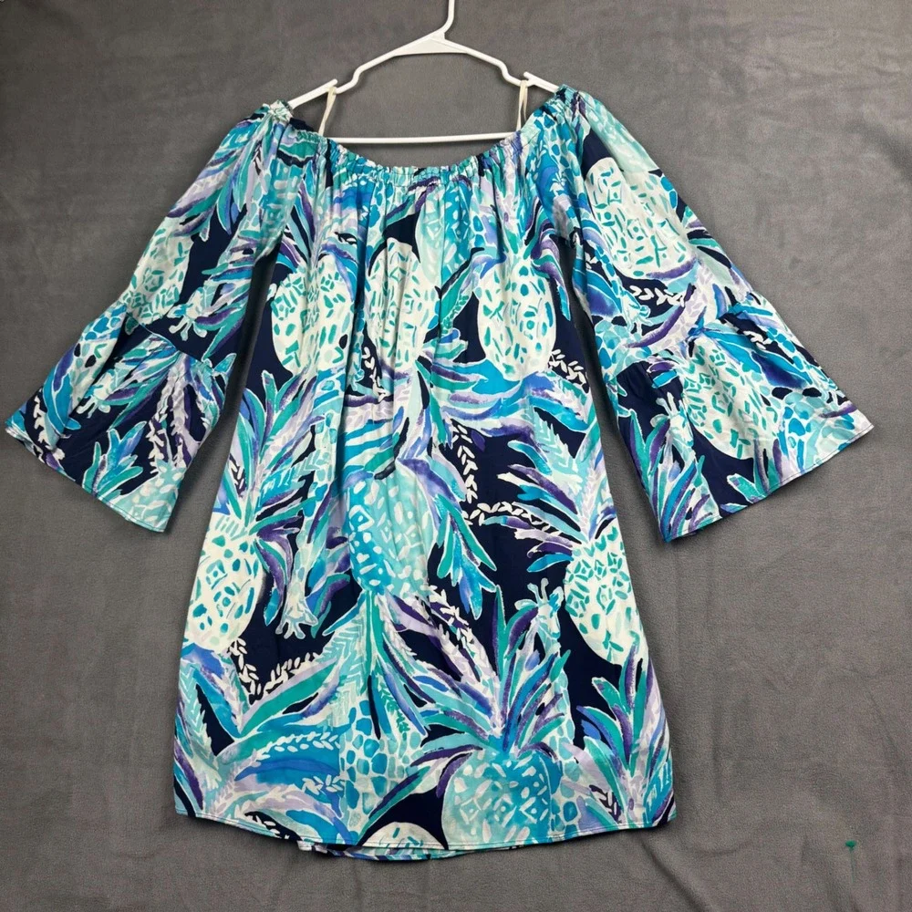 Lilly Pulitzer Blue Purple Pineapple Off Shoulder Bell Sleeve Rayon Dress M - Picture 9 of 10
